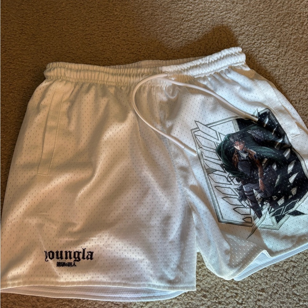 YoungLA Attack on titan White Athletic Shorts with Elastic Waistband
